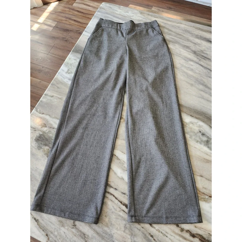 Max Studio Womens Small Gray Herringbone Wide Leg Elastic Waist Trousers